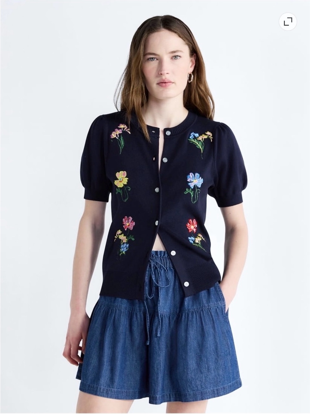 NWT Deadstock Free Assembly Navy Floral Embroidered Puff Sleeve Cardigan Top XS